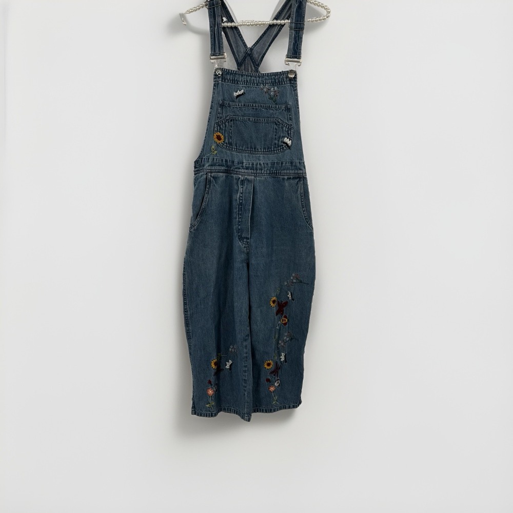 Agapo VTG Boho Embroidered Floral Sunflower Denim Overalls Capri Size M Hippie